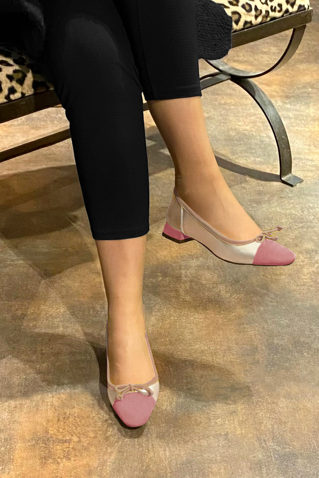Dusty rose pink, gold and biscuit beige women's ballet pumps, with low heels. Square toe. Flat flare heels. Worn view - Florence KOOIJMAN